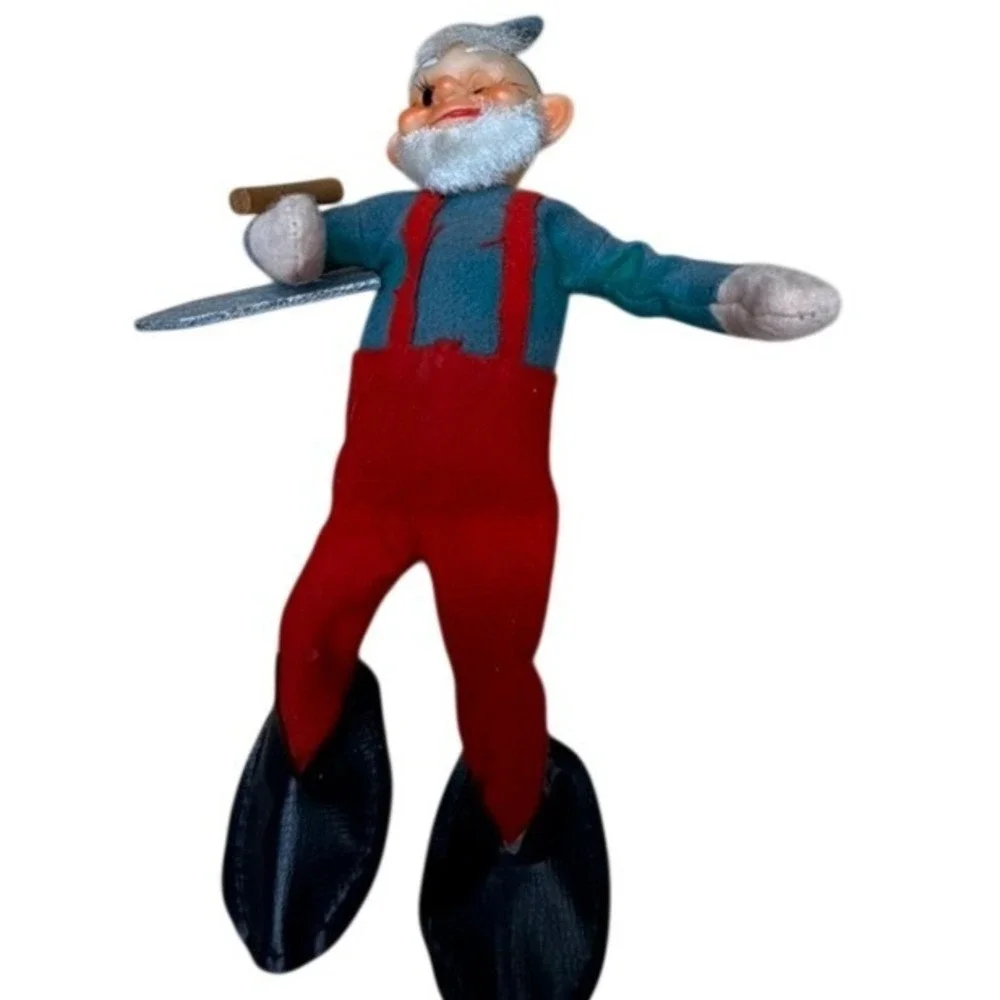 Vintage Gnome Figurine With Tools Red Overalls Green Shirt Sun Faded Winking Elf